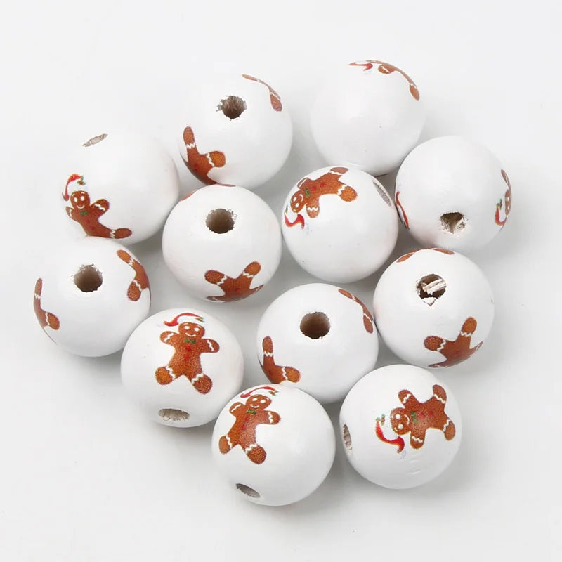 10pcs 16mm Round Christmas Wooden Beads Cartoon Wood Spacer Beads For Jewelry Making Diy Christmas Party Decor Handicrafts