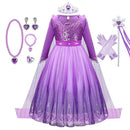 Girl Elsa Dress Princess Cosplay Purple Sequins Mesh Halloween Long Sleeves Ball Gown Birthday Party Carnival Costume