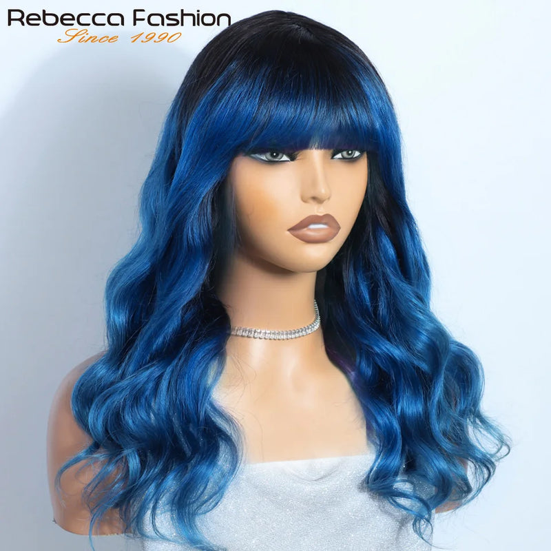 22" 180D Highlight Human Hair Wigs With Bangs Fringe Brazilian Body Wave Human Hair Bangs Wigs For Women Full Machine Made