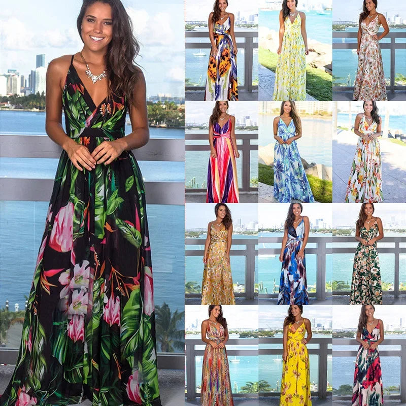 Summer New Women's Dress Long Sleeveless Printed Beach Tank Dress Fashionable European American Cross-border Style