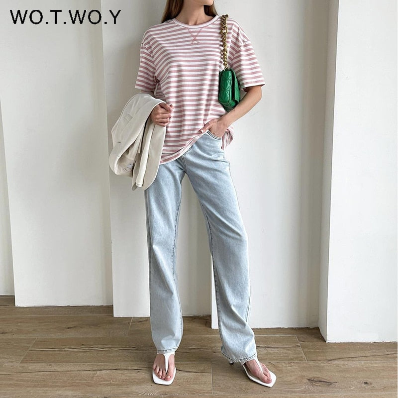 WOTWOY Summer Short Sleeve Striped T-Shirts Women Knitted Basic Casual Tops Female Cozy Loose Cotton Tees 2023 Harajuku Shirt