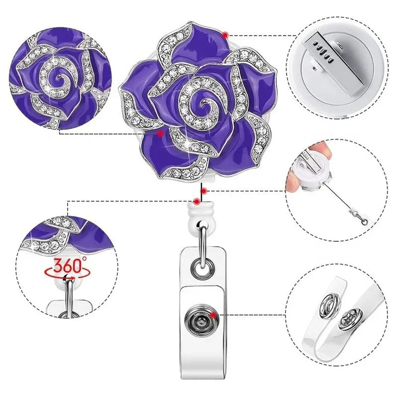 Rose Flower Diamond Badge Reel ID Holders Tag Clip Name Badges Work Pass Card Reels Retractable Lanyard Chest Tag Clip Reel