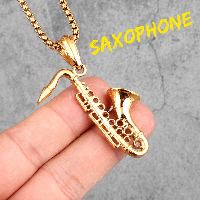 Saxophone Long Men Necklaces Pendant Chain Punk Cool Punk for Boyfriend Male Stainless Steel Jewelry Creativity Gift Wholesale