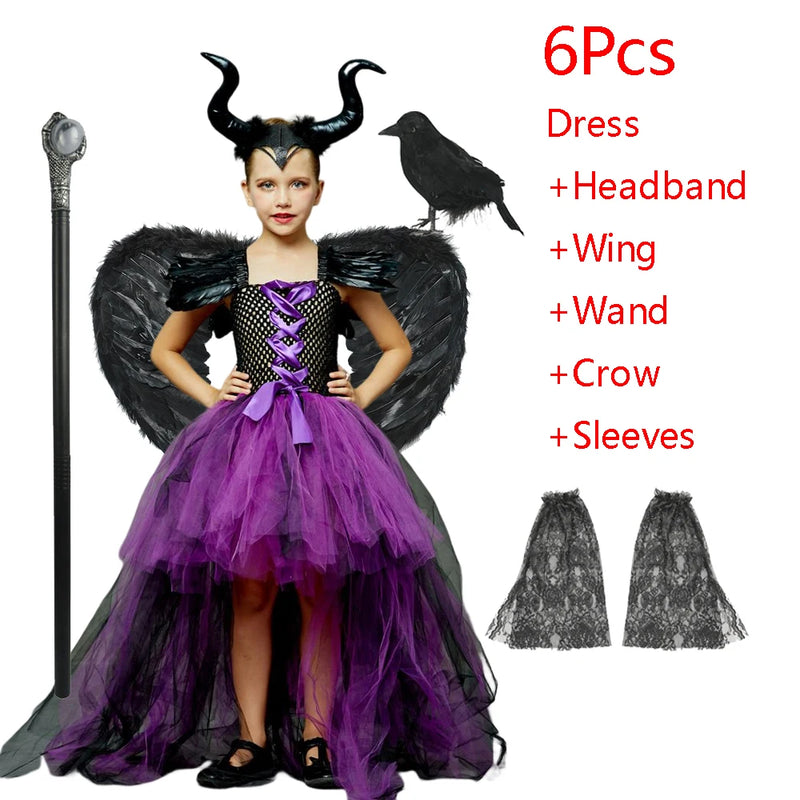 Disney Maleficent Halloween Costume Maleficent Tulle Dress Girls Cosplay Evil Queen Purple Mesh Princess Dress Kids Crow Wand