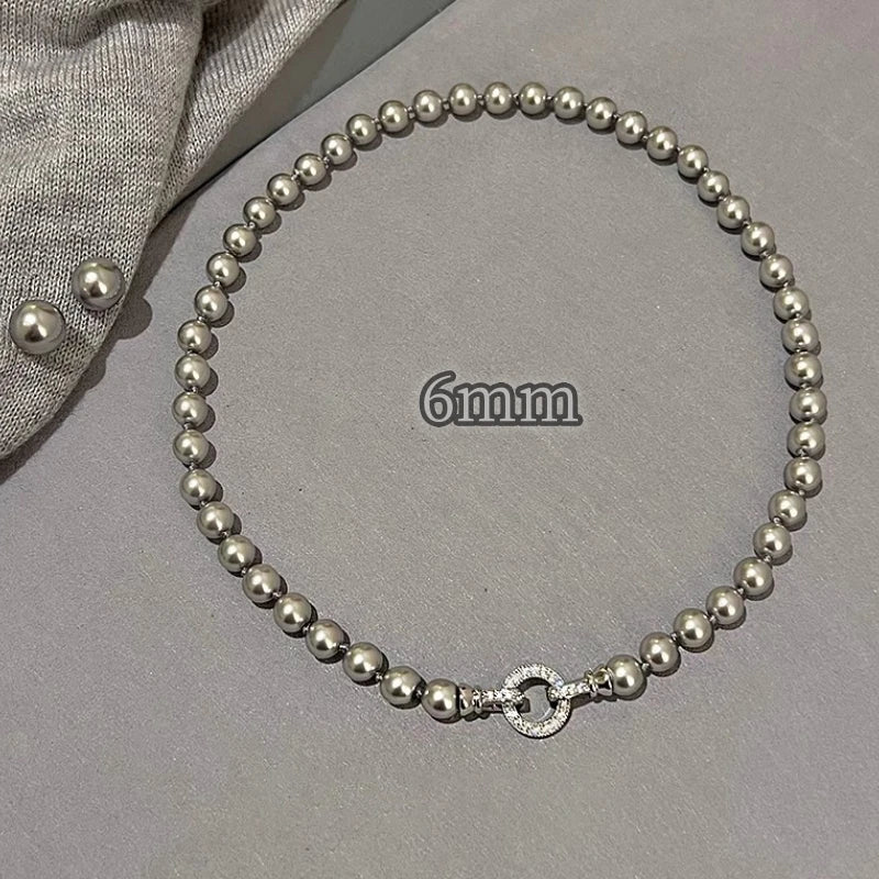 ANENJERY 6/8/10MM Gray Imitation Pearl Beads Chain Necklace for Women 2024 Trend Elegant Lady Necklace Jewelry Gifts