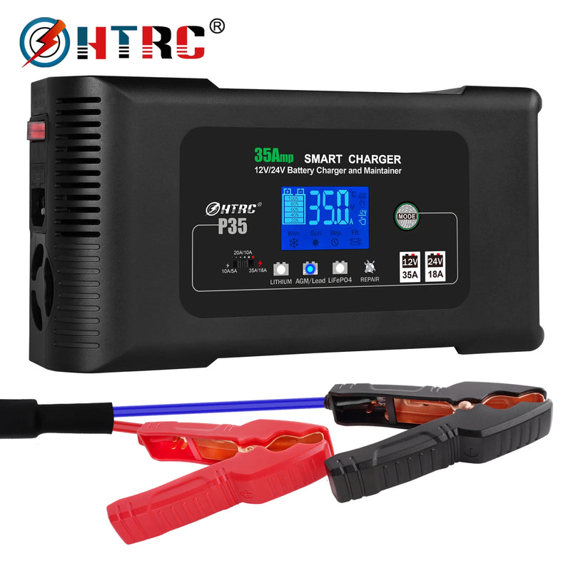 HTRC 12V/35A 24V/18A Car Battery Charger for Auto Moto Truck Motorcycle AGM Lead Acid PB GEL LCD Display Smart Charging