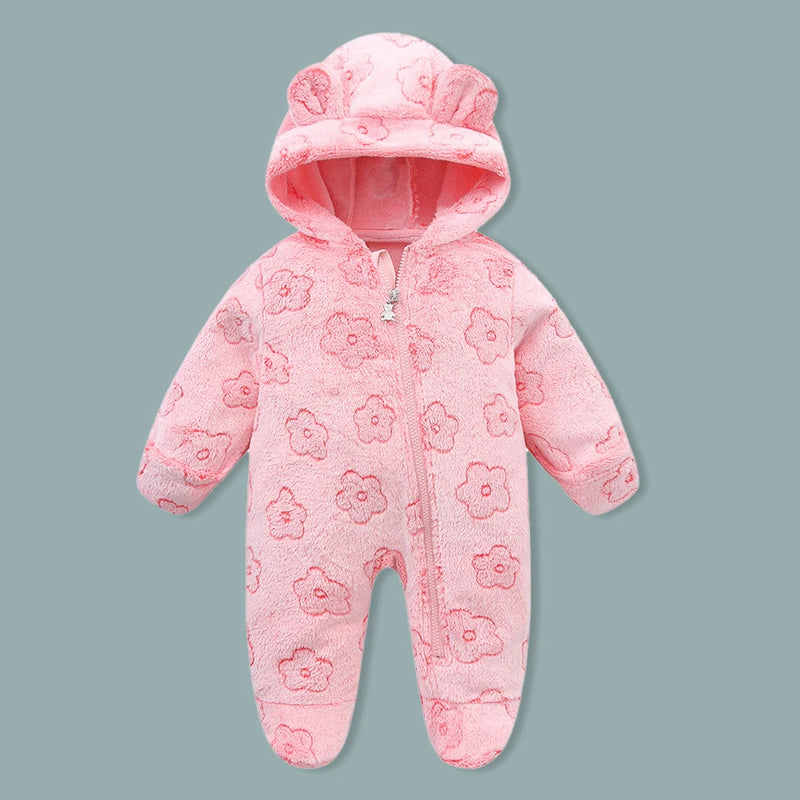 AYNIGIELL Newborn Baby Girl Hooded Jumpsuit Cartoon Cotton Baby Boy Crawling Suit Warm Baby Clothing for Autumn and Winter