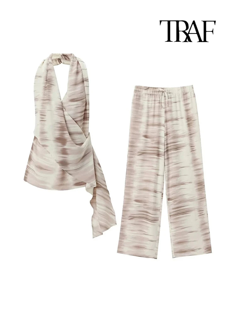 TRAF Women Fashion Casual Backless Tie-Dye Top Set Vintage Neck Tie-Dye V-Neck Top Elegant Drawstring High-Waisted Wide-Leg Pant