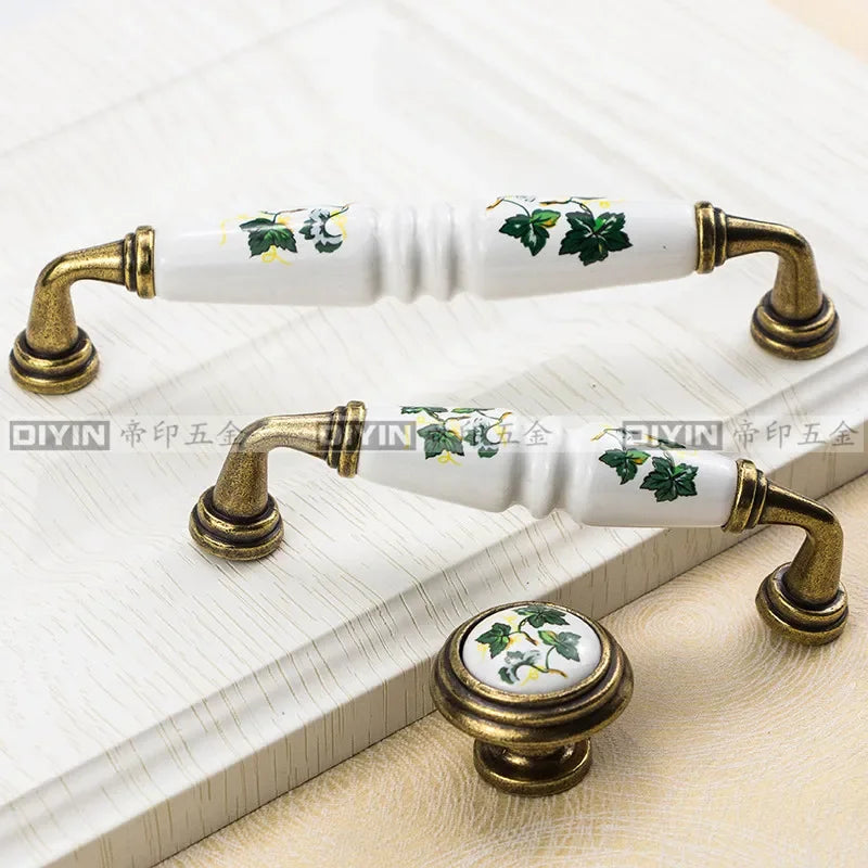 Garden Ceramic Furniture Kitchen Cabinet Drawer Handle, Flower Green Leaf Pattern Wardrobe Locker, Bedside Table Knob