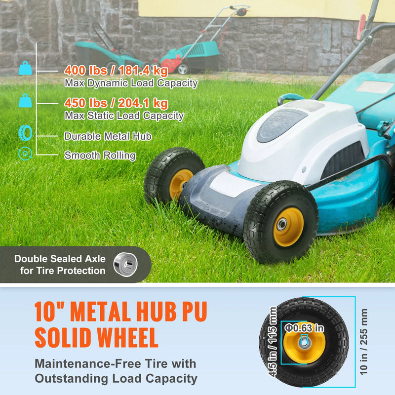 SucceBuy 2-Pack Solid PU Run-Flat Tire Wheel 10" Flat Free Tubeless Tires and Wheels for Dollies Garden Trailers Various Carts