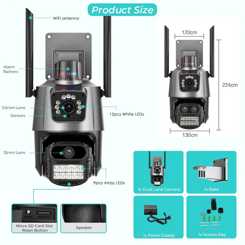 8MP 4K IP Camera Dual Lens Dual Screen PTZ Wifi Camera Outdoor Waterproof Security Video Surveillance Camera Police Light Alarm