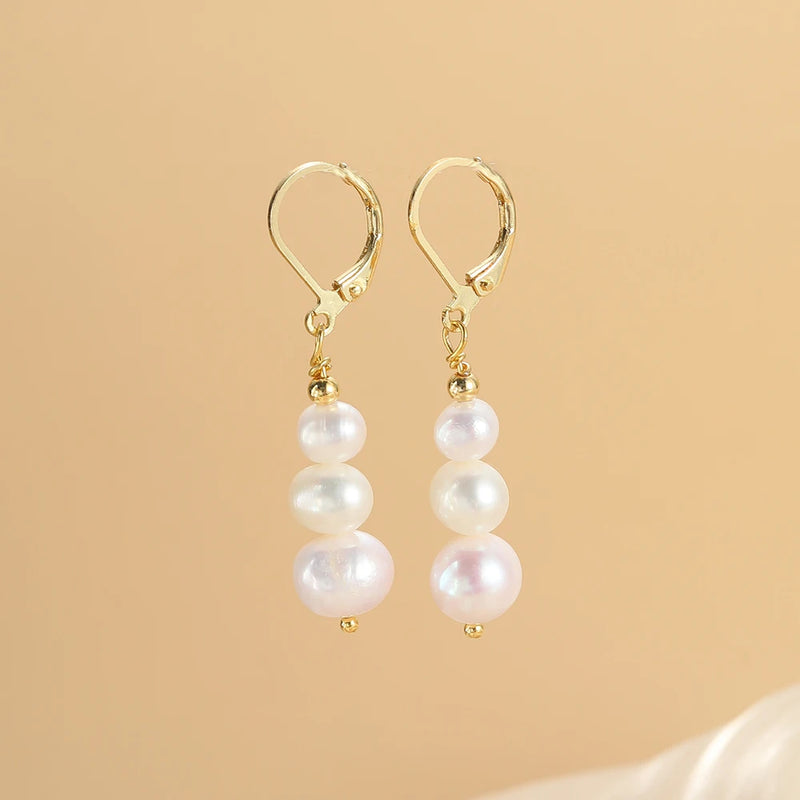 New Fashionable Baroque Freshwater Pearl Earrings. Simple, Elegant And Versatile Long Three-bead Earrings.
