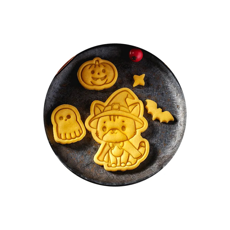 Halloween Cookie Mold Cartoon Wizard Kitten Cookies Flip Witch Candy Cutting Molds Stamp Pressing Pastry Decor Baking Tools