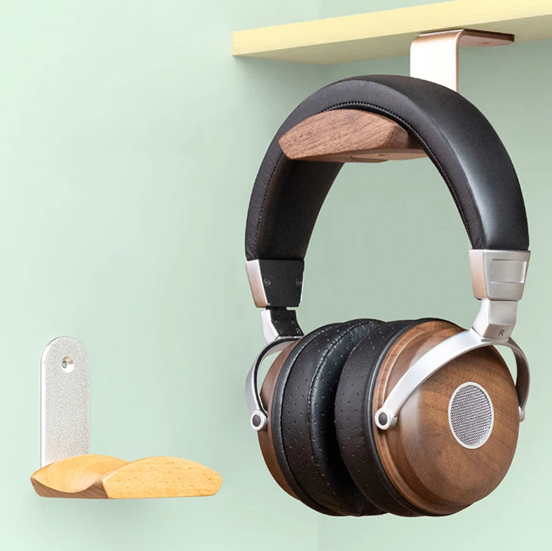 Universal Headphone Stand Solid Walnut/Beech Wood +Aluminum Alloy Headphones Hanger Hole Plate Gaming Headset Holder No Punching