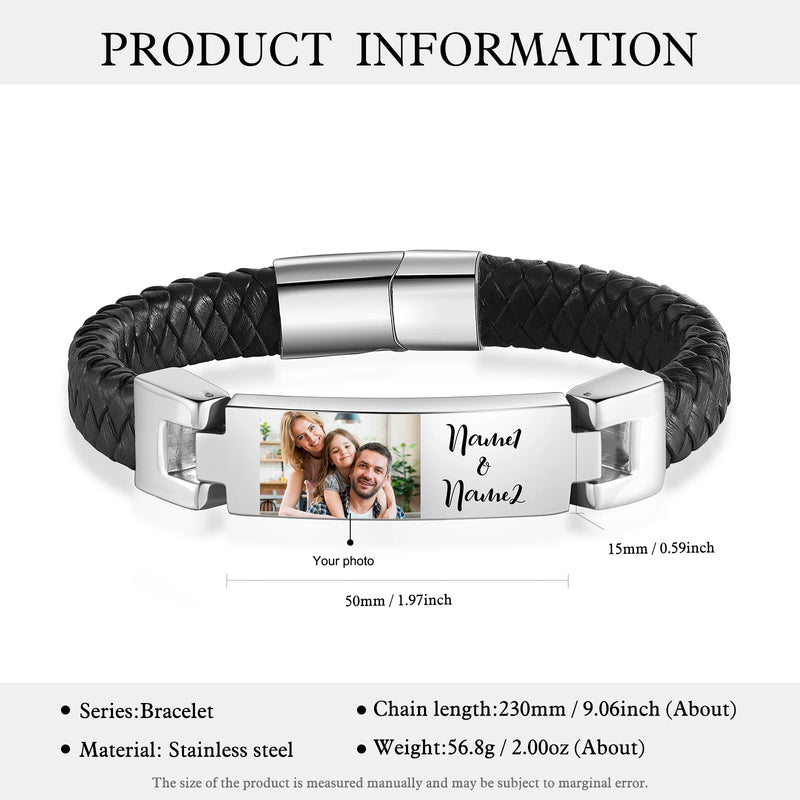 Personalize Men Photo Leather Bracelet Family Names Custom Stainless Steel Stackable Bangle Jewelry Birthday Gift for Father