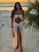 Hollow Out Backless Halter Split Long Dress Women Lace Up Off Shoulder Pleated Patchwork Holiday Dresses Party Sexy Beach Robe