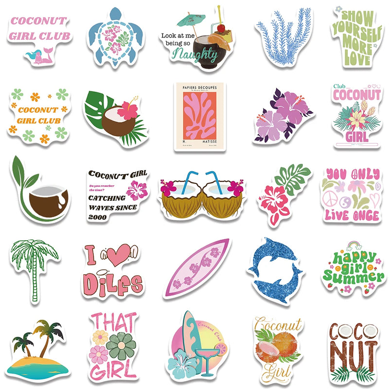 50pcs Pink Coconut Girl Stickers Aesthetic Graffiti Decals For Kids Laptop Luggage Skateboard Scrapbook Diary Sticker