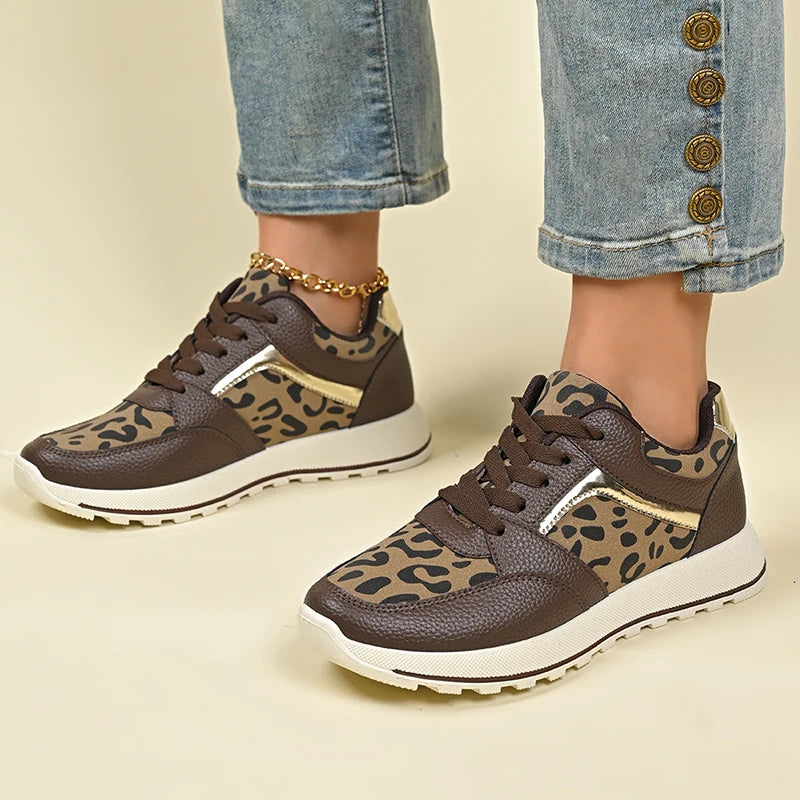 2025 Spring Leopard Print Platform Sneakers Women Black Thick Bottom Vulcanized Shoes Woman Cozy Lace Up Wedge Sport Shoes Woman