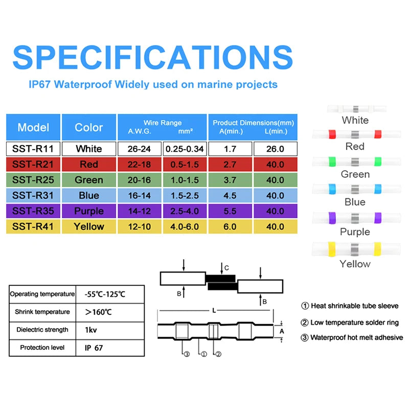 50~400Pcs Solder Seal Sleeve Wire Connectors KIT 3:1 Heat Shrink Insulated Wire Terminals Waterproof Butt Splice Connector