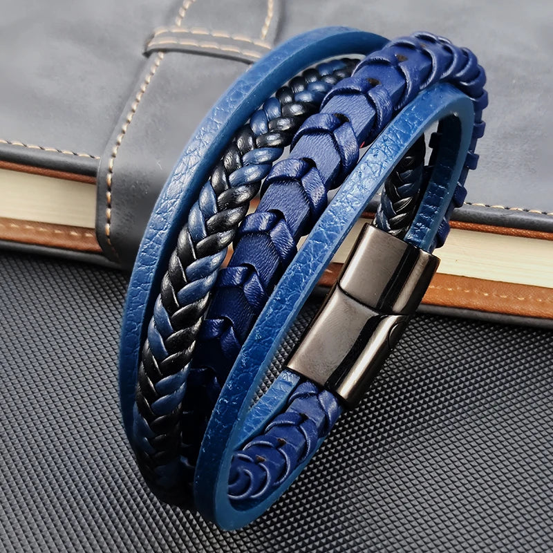 Braided Rope Woven 4 Layers Blue Leather Men Bracelets Punk Style Stainless Steel Bangle for Friend Charm Fashion Jewelry Gifts