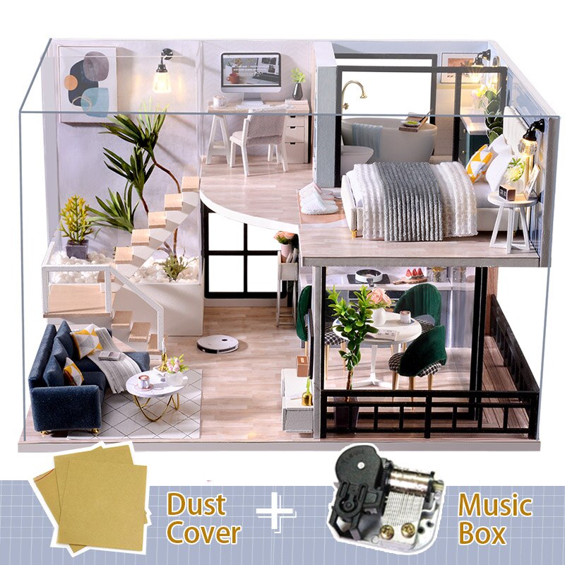 Cutebee DIY Doll House Miniature with Furniture LED Music Dust Cover Model Building Blocks Toys for Children Casa De Boneca M21