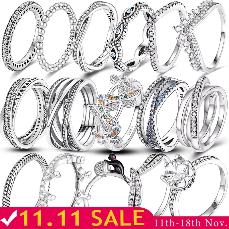 Original 925 Sterling Silver Women Finger Rings for Women Silver Cocktail Ring Geometric Butterfly Round Shape Luxury Jewelry