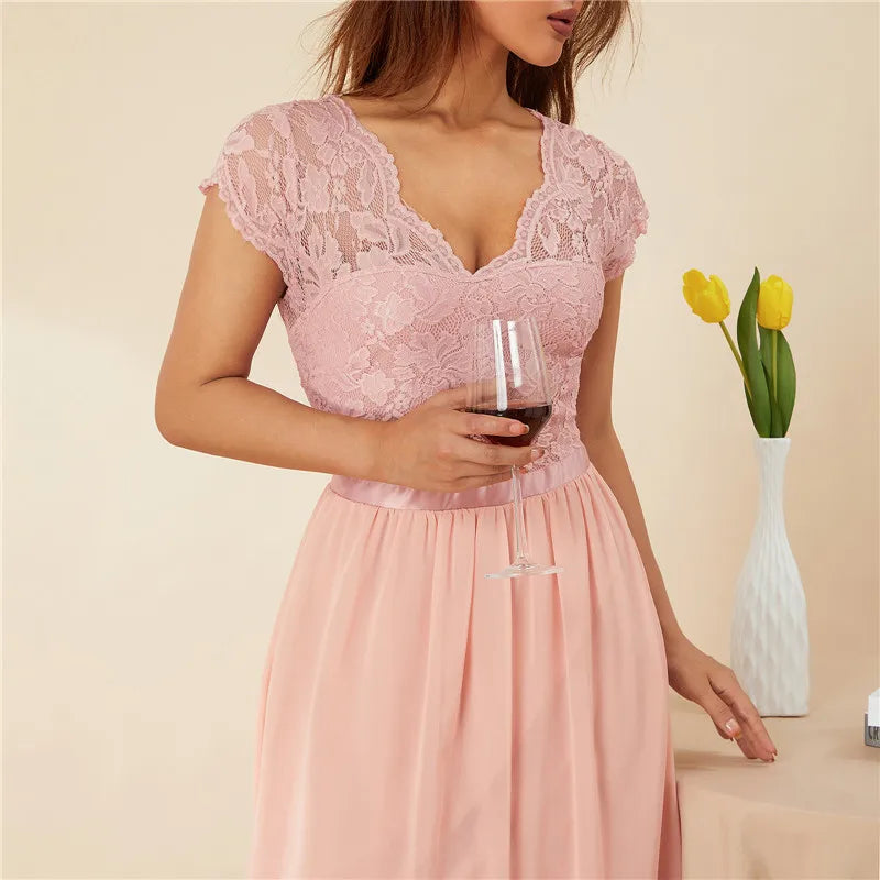 Women Elegant Maxi Long Evening Dress Solid Color Lace Patchwork Backless V Neck High Waist Dress Wedding Party Bridesmaid