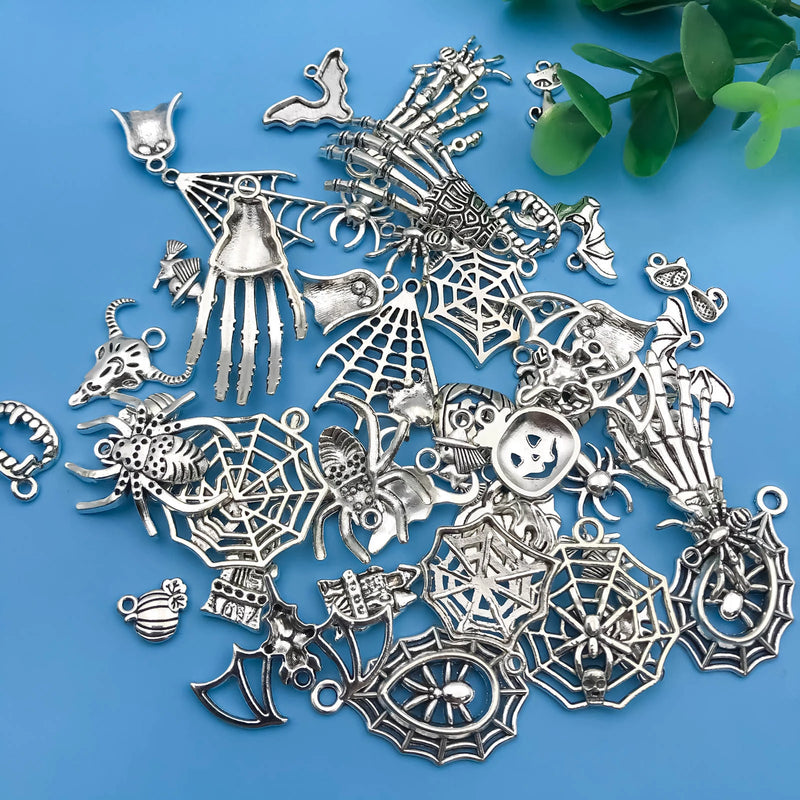50pcs/SET Zinc Alloy Silvery Halloween Series Charms Pendants for DIY Necklace Bracelet Earrings Jewelry Making Handmade