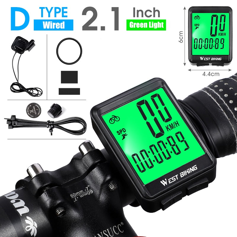 WEST BIKING Waterproof Wireless Bicycle Computer Wired LED Speedometer MTB Bike Cycling Odometer Stopwatch White Green Backlight