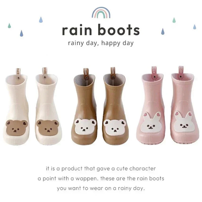 Toddler Kids Rain Boots Waterproof Non-Slip Children Rubber Shoe Cartoon Cute Bear Rabbit Boys Girl Baby Middle Tube Water Shoes
