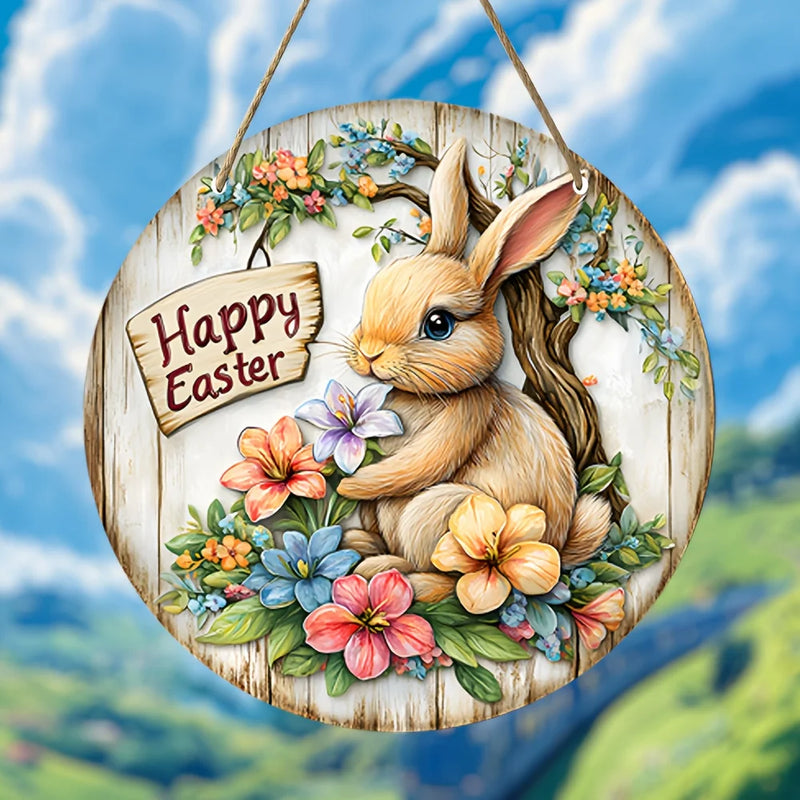 1 piece farmhouse style round wooden Easter bunny logo, 7.87 inch made wooden wreath with lilies and spring decoration, farmhous