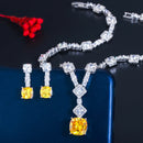 Super Shiny Big Square Yellow Cubic Zirconia Stone Wedding Bridal Necklace Earrings Party Costume Jewelry Sets for Women T0726
