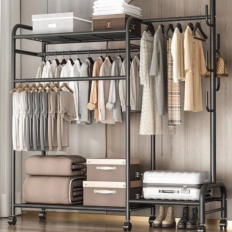 Coat Rack Movable Double Clothes Shelf Clothes Floor-Standing Bedroom Wheeled Floor Hangers Storage Coat Rack Clothes Racks