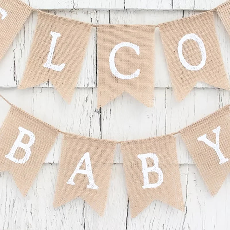 Gender Neutral Baby Shower Welcome Baby Burlap Banner Rustic Birthday Signs Boy Girl Party Boha Flags Decoration Favors for Kids