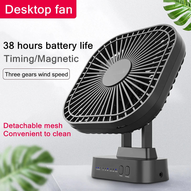 90° Folding Fan 5000mAh Battery USB Timing Desktop Cooling Fan Home Air Circulators Magnet Absorption Silent 3-speed Strong Wind