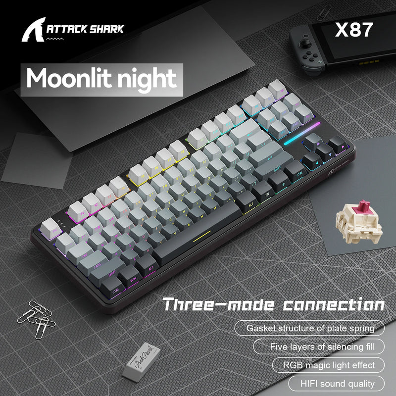 Gaming Keyboard X87 Attack Shark Side Engraved Translucent Character Wireless Mechanical Keyboard,RGB,Hot-Swap,Bluetooth Tri-mod