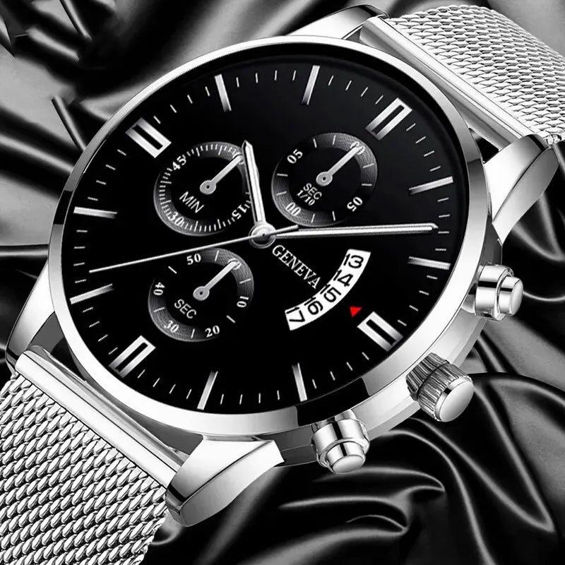 3PCS Set Fashion Mens Watches Luxury Simple Men Business Mesh Belt Quartz Watch Male Casual Necklace Bracelet Wristwatch