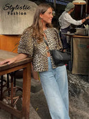 Leopard Print Shirt For Women Bow Lace Up O-neck Short Puff Sleeve Female T-shirt 2024 Summer Fashion All-match Street Lady Tops