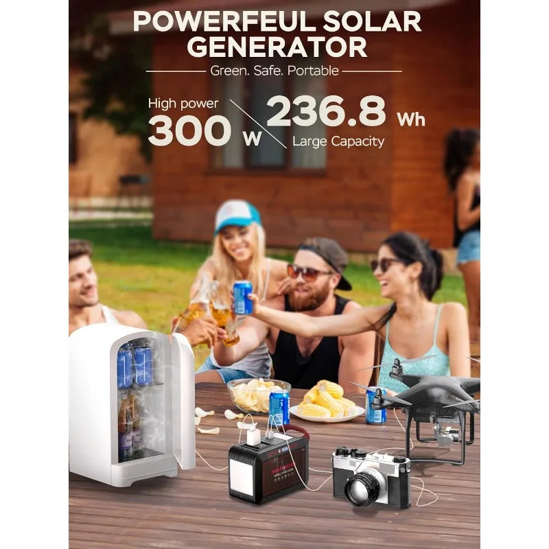 Portable Power Station 300W Camping Solar Generator Backup Lithium Battery with Pure Sine Wave 110V AC Outlet, USB C, USB A, DC
