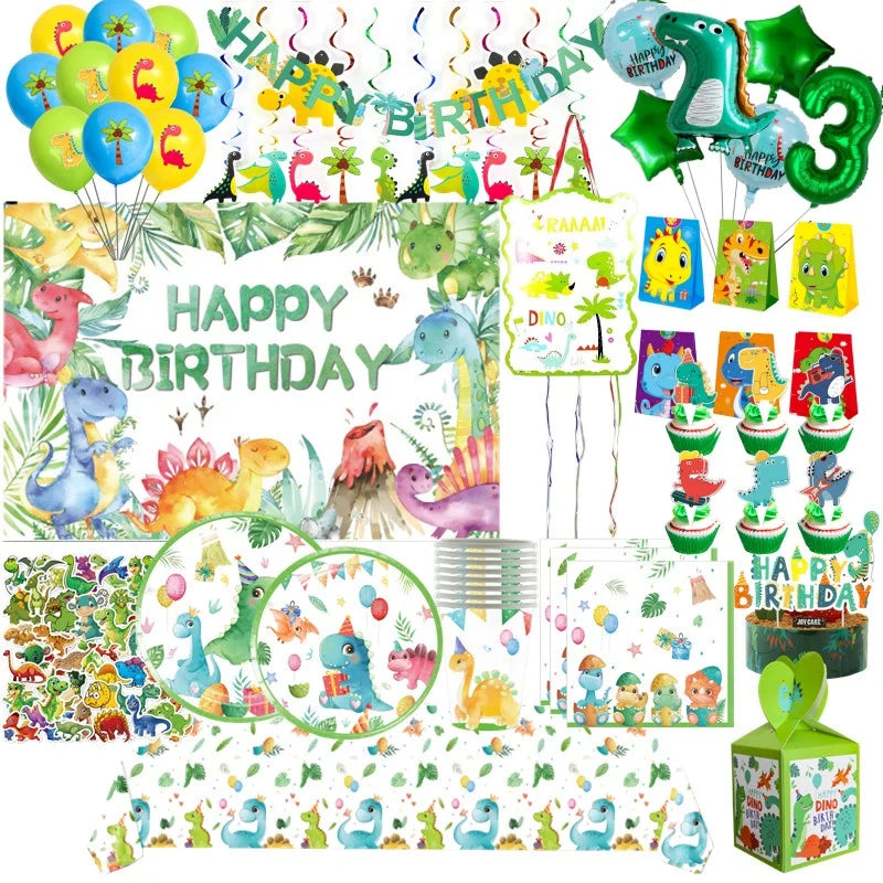 Dinosaur Birthday Disposable Tableware Set Dinosaur Plates Cups Napkins Banner for Boys Dinosaur Party Decoration Jungle Safari