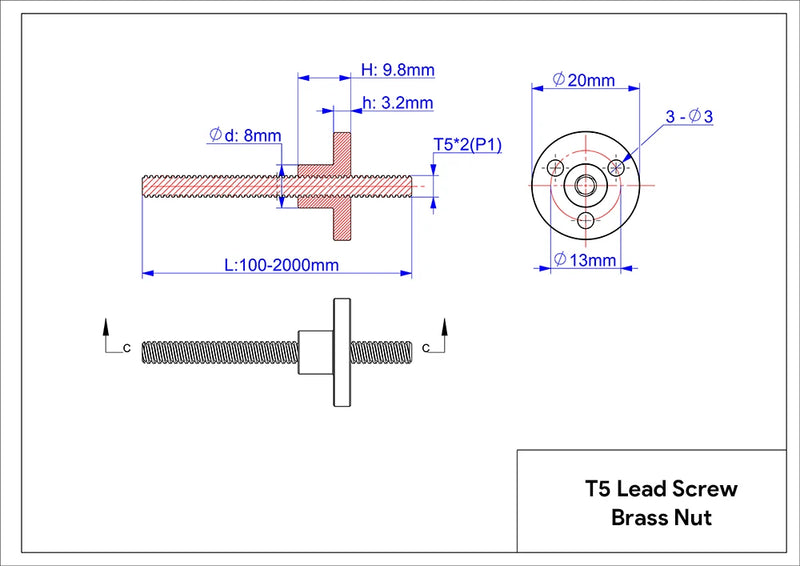 CNC 3D Printer Trapezoidal Screw Rod T5 Lead Screw Thread 5mm Lead 1mm 2mm 4mm Length 100mm 150mm 200mm 250mm with Brass Nut