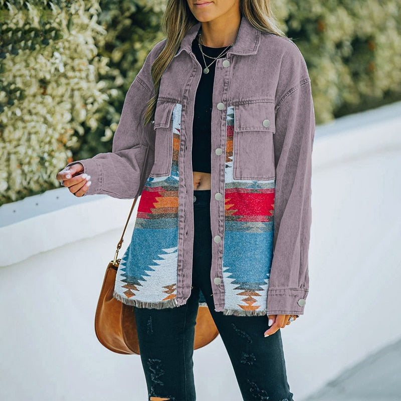 Jeans Casual Jackets 2023 Autumn Winter New Aztec Lapel Pocket Denim Coat Patchwork Long Sleeve Wool Women&