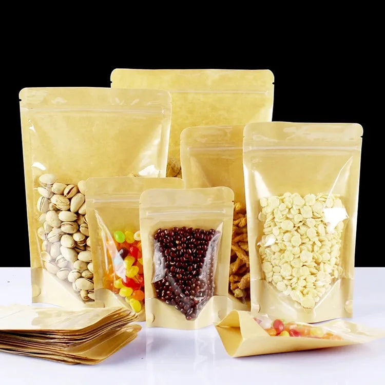 100PCS One Side Clear Stand Up Kraft Paper Ziplock Bag Resealable Snack Coffee Beaf Dates Chocolate Tea Gift Storage Pouches