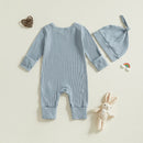 Adorable Easter Bunny Print Romper with Matching Hat for Baby s First Easter Celebration - Long Sleeve Round Neck Jumpsuit