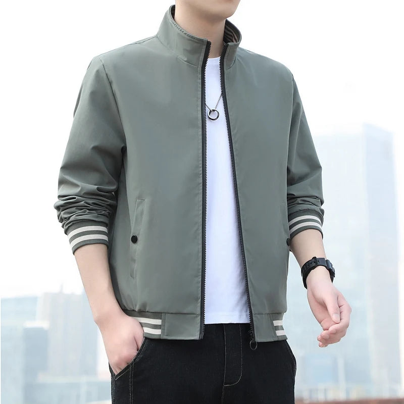 2024 New Coat Men's Trendy Slim Fit Top Spring and Autumn Leisure Standing Collar Youth Striped Jacket