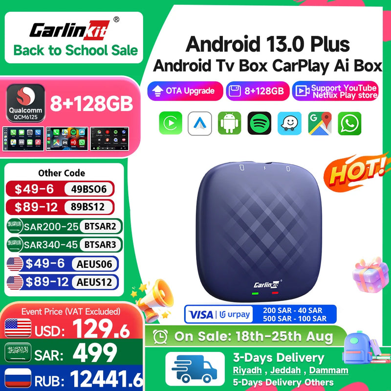 Carlinkit Android 13 Tv Box Support Netflix For YouTube Wireless CarPlay Android Auto Ultra 8+128G QCM665 4G LTE GPS Play Store