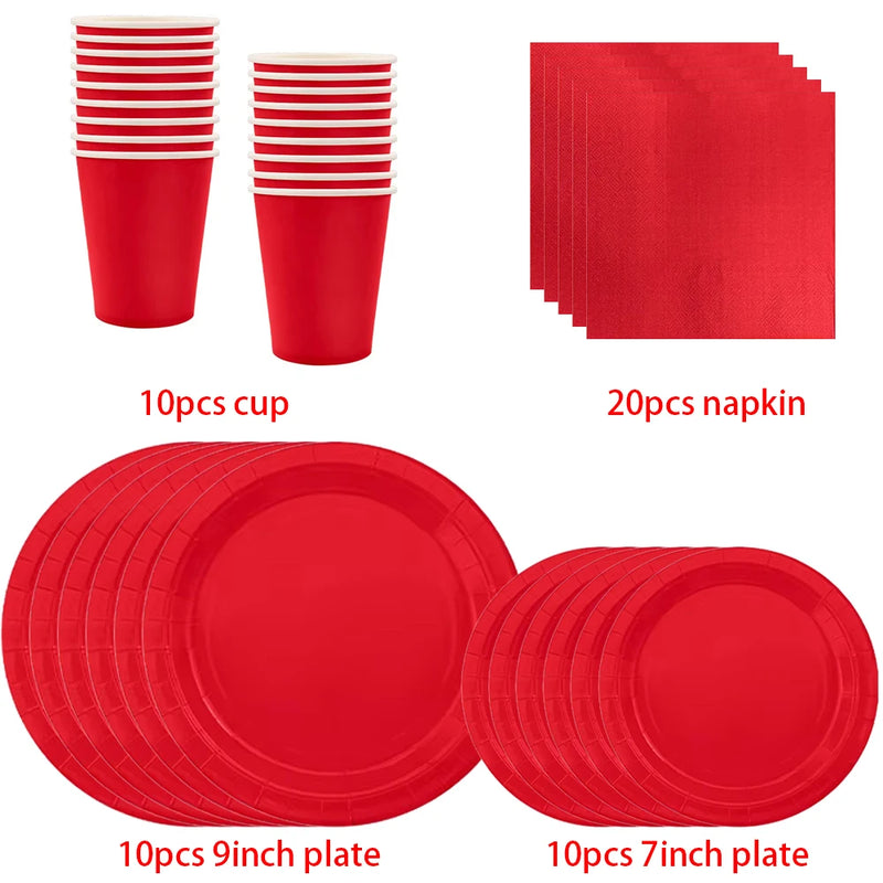 Solid Red Theme Birthday Party Supplies Disposable Dinnerware Paper Napkin Cup Plate Tablecloth Banner for Wedding Decoration