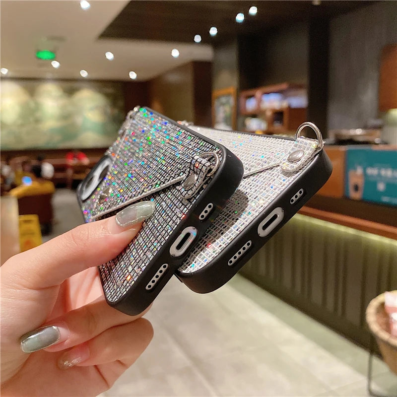 Glitter Luxury Diamond Wallet Card Phone Case For iPhone 13 12 11 14 15Pro Max XR XS 7 8 Plus Shining Crossbody Cover With Chain