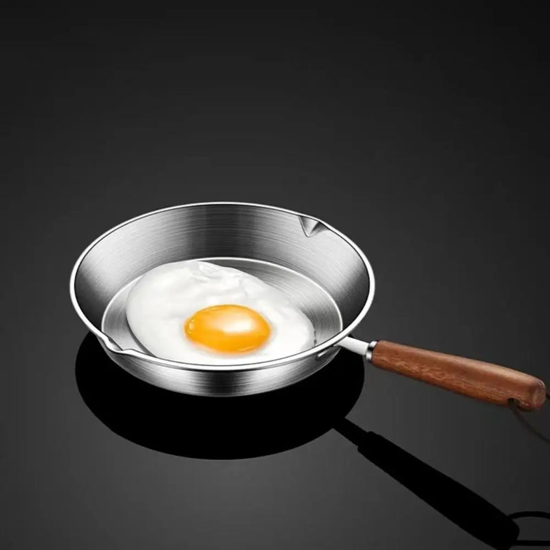 Flat Bottom 304 Stainless Steel Frying Pan Wooden Handle Oven Safe Omelette Pan 12/16cm Small Cooking Pan Kitchen Cookware