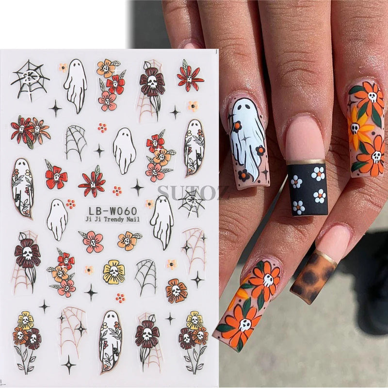 5D Embossed Halloween Nail Stickers Skull Chams Spooky Flower Ghost Nail Decals Spider Web Skeleton Sliders for Manicure NTJI-5D